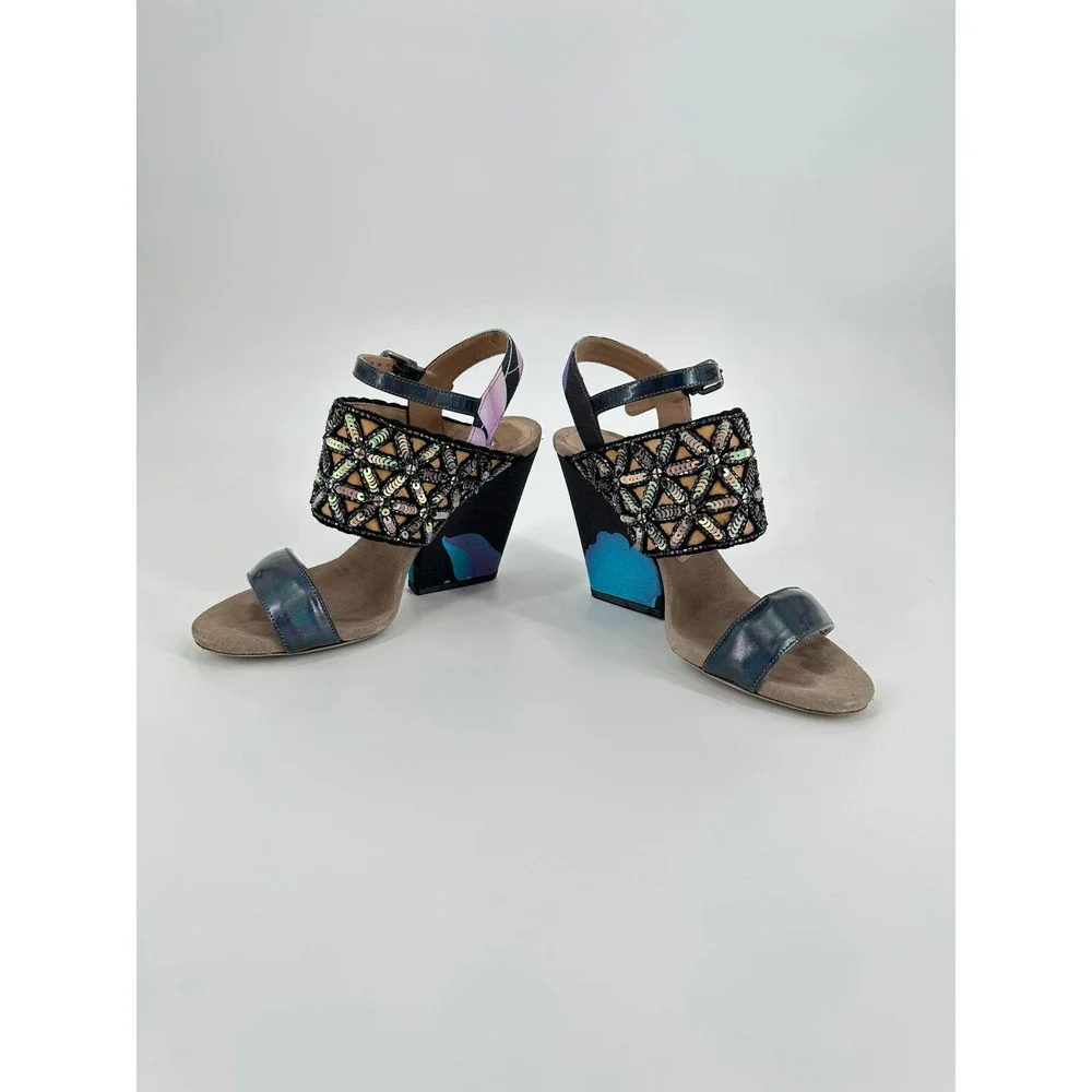 Dries Van Noten SS11 Sequin Embellished Iridescent Block Heel Sandals 36 / US 6